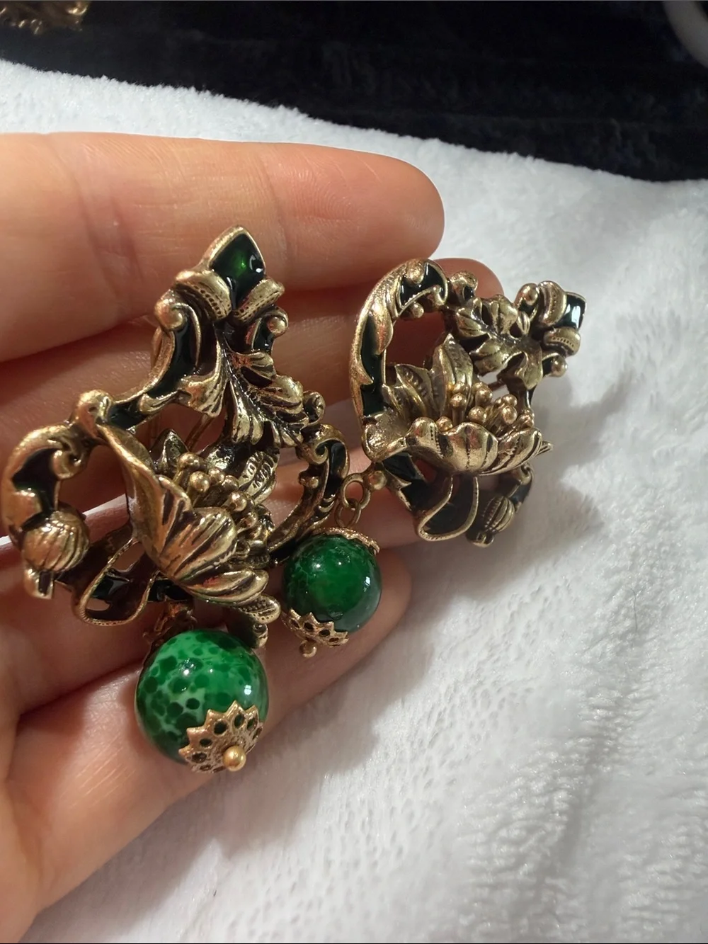 Kenneth Jay Lane Gold Floral Drop Earrings with Emerald Green Beads - Picture 2 of 5